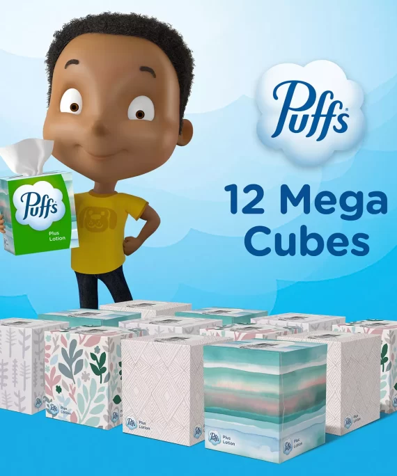 Puffs Plus Lotion 2-Ply Facial Tissues 12 Cube Boxes, 72 tissues/box