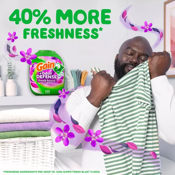Gain Flings! Odor Defense Fresh Boost Laundry Detergent Pacs, Vibrant Bloom, 108 ct. - Image 4