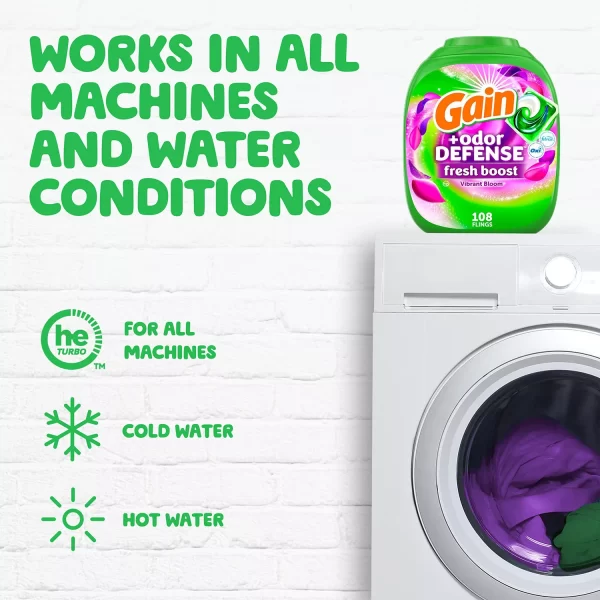 Gain Flings! Odor Defense Fresh Boost Laundry Detergent Pacs, Vibrant Bloom, 108 ct. - Image 2