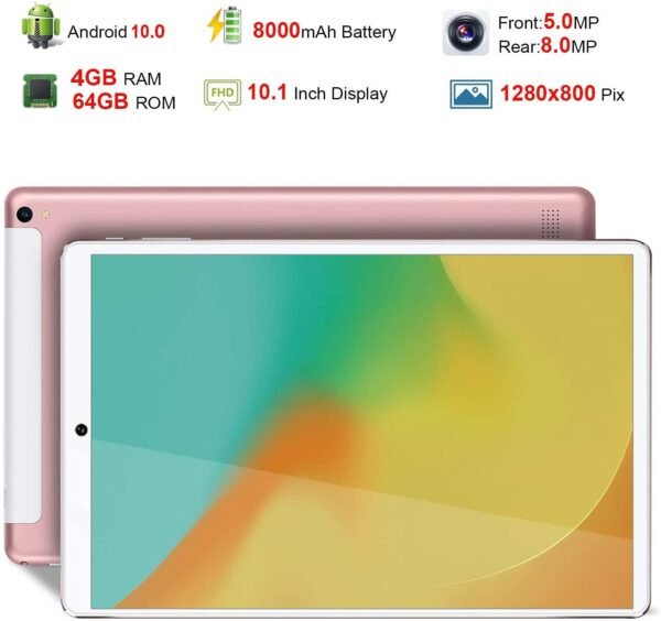 DUODUOGO Tablet 10.1'', Android 10.0 Pie Tablets with Wireless Keyboard Case and Mouse, 4GB RAM 64GB ROM, Quad Core, Google GMS Certified,IPS HD Display,8MP Dual Camera,Dual SIM, 8000mAh, WiFi-Pink - Image 2