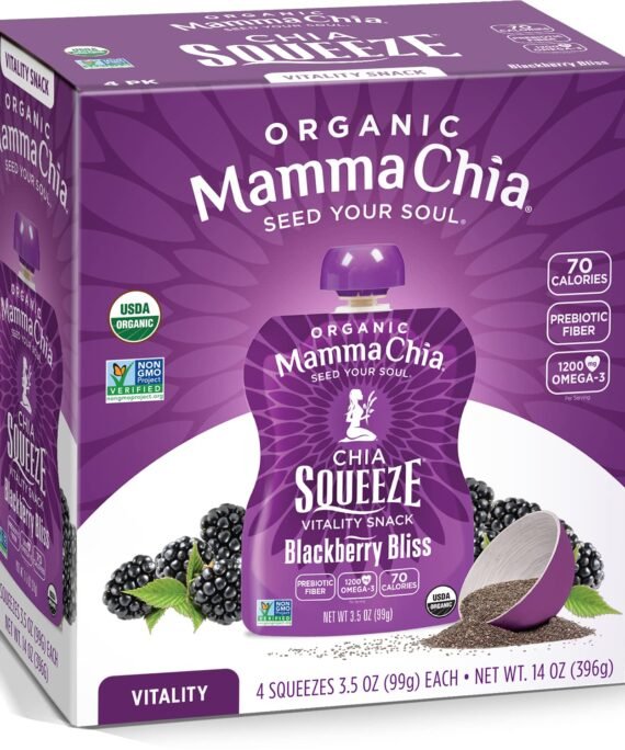 Mamma Chia Organic Vitality Squeeze Snack, Blackberry Bliss, 3.5 Ounce (Pack of 24) Chia Pouches. USDA Organic, Non-GMO, Vegan, Gluten Free, and Kosher. Fruit and Vegetables with only 70 Calories