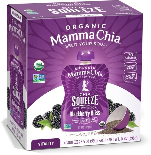 Mamma Chia Organic Vitality Squeeze Snack, Blackberry Bliss, 3.5 Ounce (Pack of 24) Chia Pouches. USDA Organic, Non-GMO, Vegan, Gluten Free, and Kosher. Fruit and Vegetables with only 70 Calories