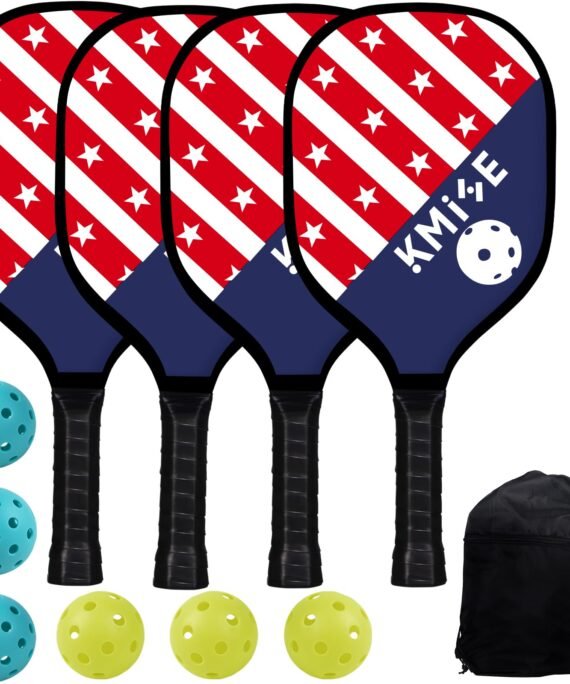 Kmise Pickleball Paddles, Pickleball Paddles Set of 4, 6 Indoor Outdoor Balls and Bag, 9-ply Premium Wood Pickleball Racquet with Ergonomic Cushion Grip Wooden Pickleball Paddles Gifts for Men Women