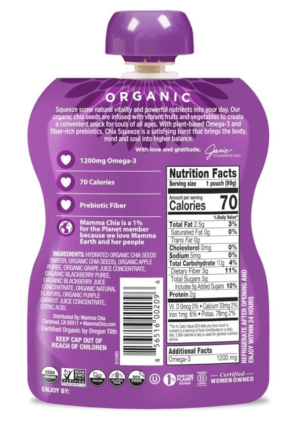 Mamma Chia Organic Vitality Squeeze Snack, Blackberry Bliss, 3.5 Ounce (Pack of 24) Chia Pouches. USDA Organic, Non-GMO, Vegan, Gluten Free, and Kosher. Fruit and Vegetables with only 70 Calories - Image 4
