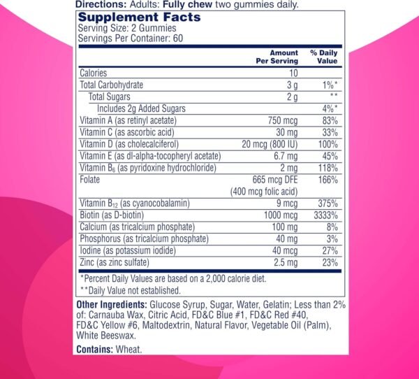 ONE A DAY Multi+ Hair, Skin & Nails, Multivitamin + Boost of Support for Healthy Hair, Skin & Nails with Biotin and Vitamins A, C, E & Zinc ,Gummy 120 Count (2 Month Supply) - Image 3