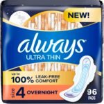 Always Ultra Thin Overnight Pads with Wings, Size 4, Overnight, 96 Count