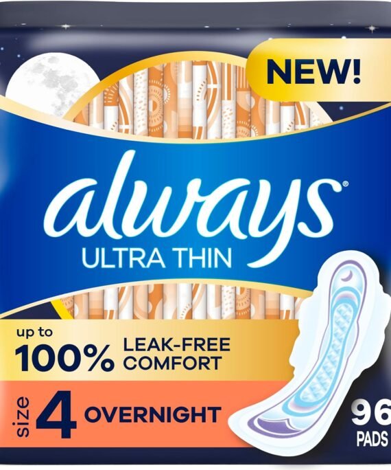 Always Ultra Thin Overnight Pads with Wings, Size 4, Overnight, 96 Count