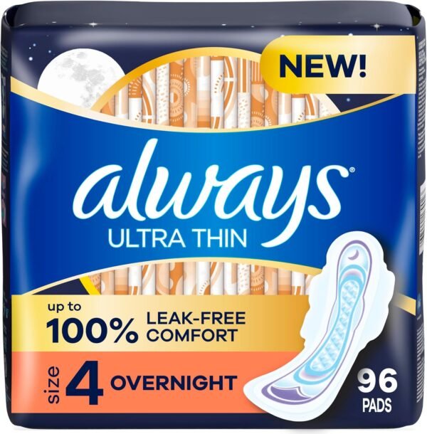Always Ultra Thin Overnight Pads with Wings, Size 4, Overnight, 96 Count