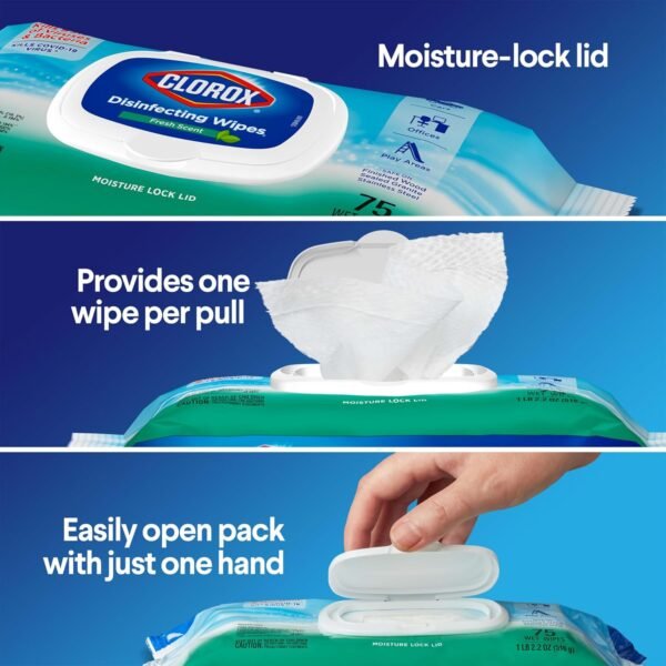 Clorox Disinfecting Wipes, Bleach Free, Household Essentials, Fresh Scent, Moisture Seal Lid, 75 Cleaning Wipes, Pack of 3 (New Packaging) - Image 8