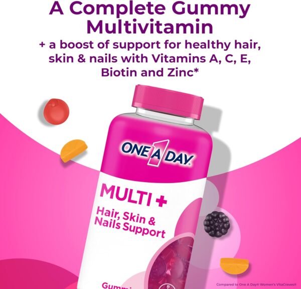 ONE A DAY Multi+ Hair, Skin & Nails, Multivitamin + Boost of Support for Healthy Hair, Skin & Nails with Biotin and Vitamins A, C, E & Zinc ,Gummy 120 Count (2 Month Supply) - Image 8