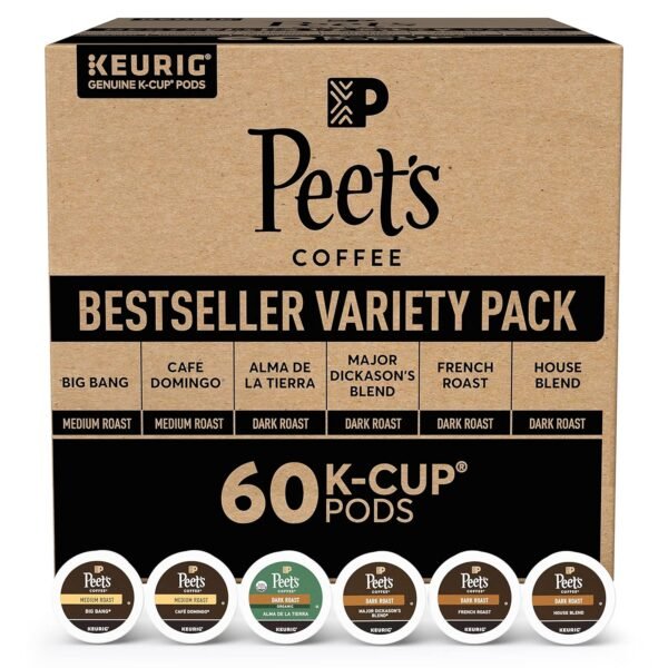 Peet's Coffee, Keurig K-Cup Pods Variety Pack - Major Dickason's Blend, Big Bang, French Roast, Café Domingo, Organic Alma De La Tierra, House Blend, 60 Count (6 Boxes of 10 K-Cup Pods)