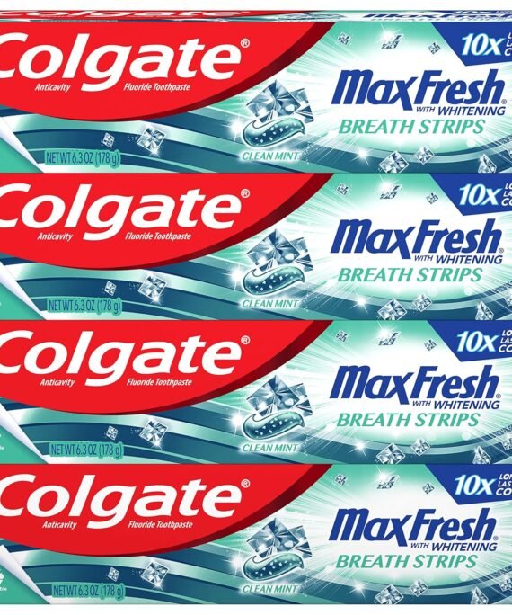 Colgate Max Fresh Whitening Toothpaste with Mini Strips, Clean Mint Toothpaste for Bad Breath, Helps Fight Cavities, Whitens Teeth, and Freshens Breath, 6.3 Ounce (Pack of 4)