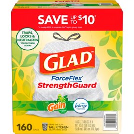 Glad ForceFlex 13-Gallon Kitchen Trash Bags, Gain Original Scent + Febreze, 160 ct.